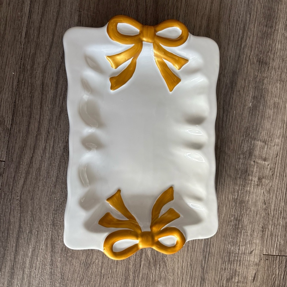 Small White Tray with Gold Bow Accents